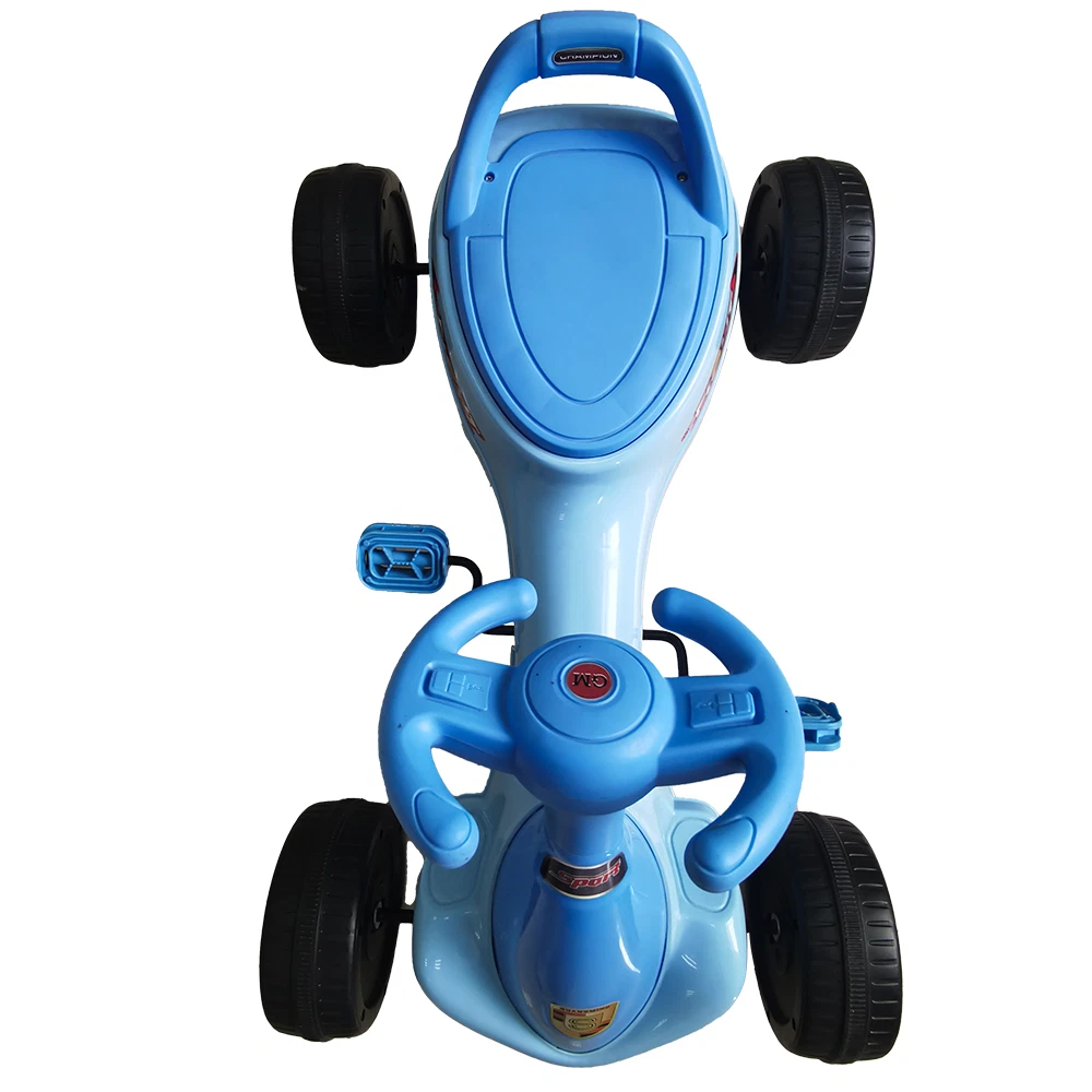 Kart infantil azul de plástico com quatro rodas e volante