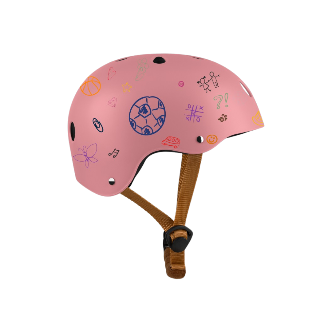 Capacete rosa com ilustrações e tira castanha ajustável