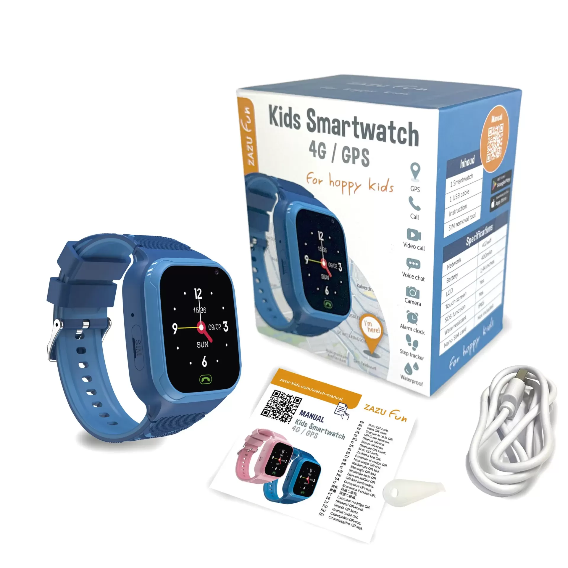 Smartwatch infantil azul ZAZU Fun Kids Smartwatch 4G/GPS com acessórios