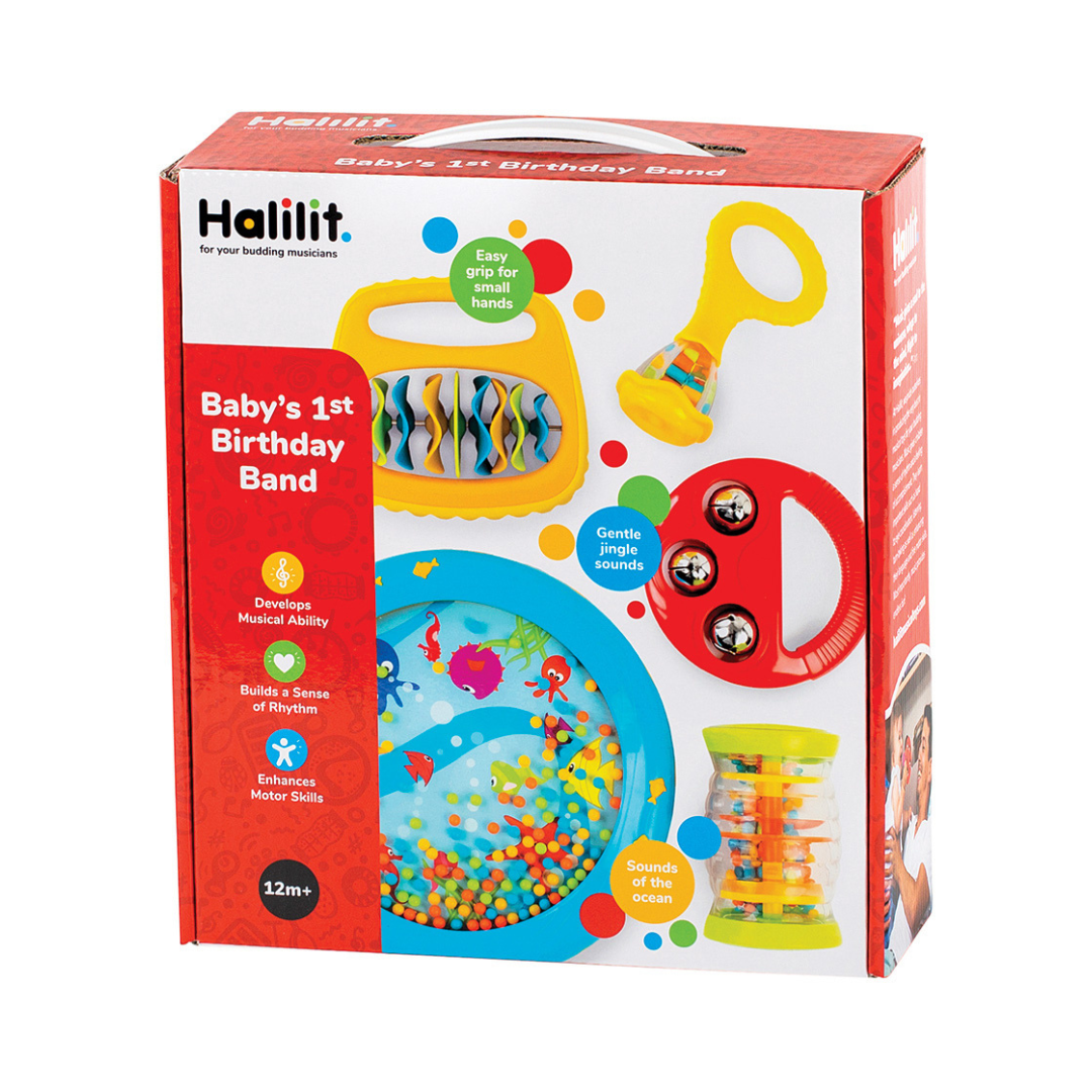 Embalagem de brinquedo musical para bebés Halilit Baby's 1st Birthday Band colorida com várias peças