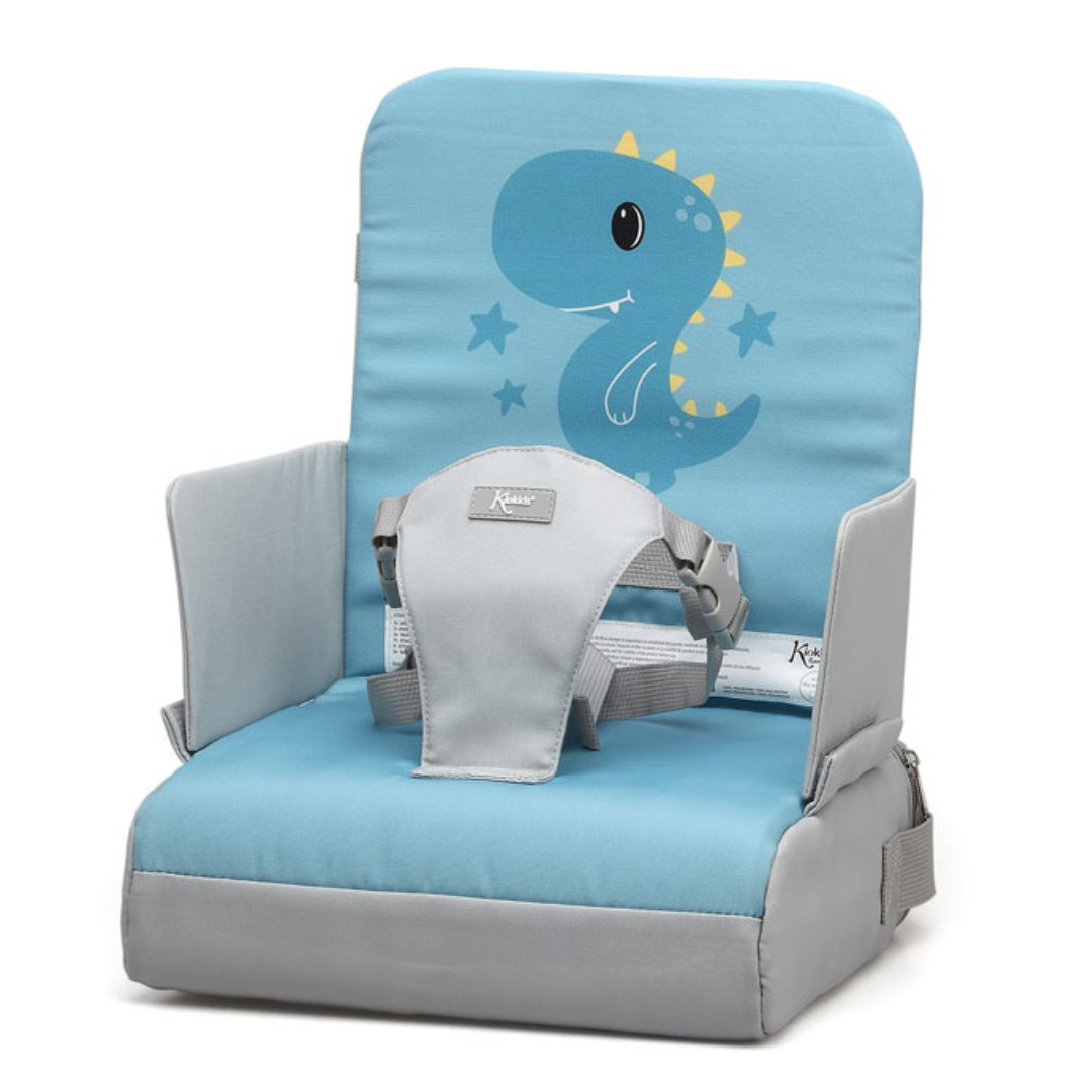 Cadeira elevatória azul com dinossauro e arnês cinza