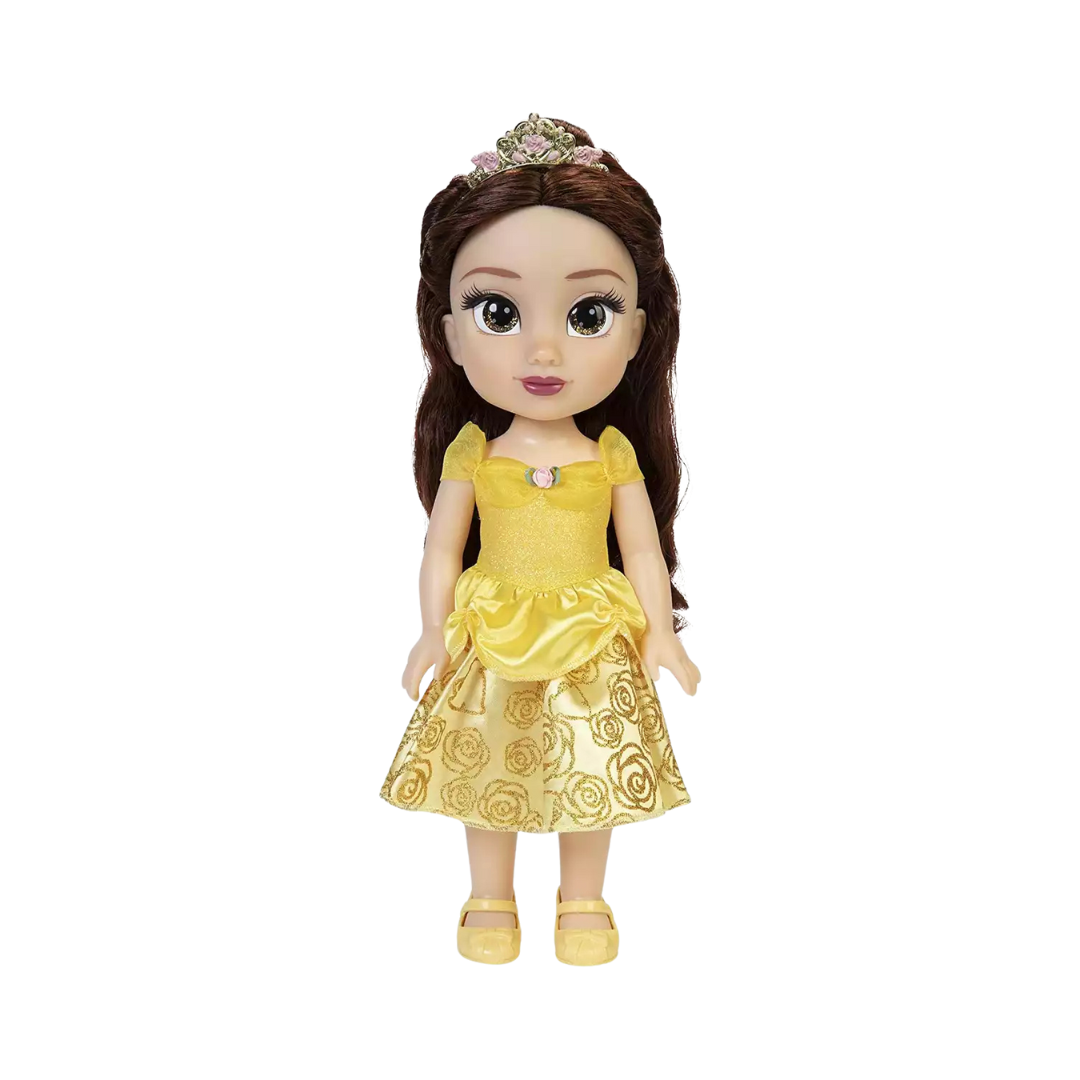Boneca de vestido amarelo e cabelo castanho em fundo branco