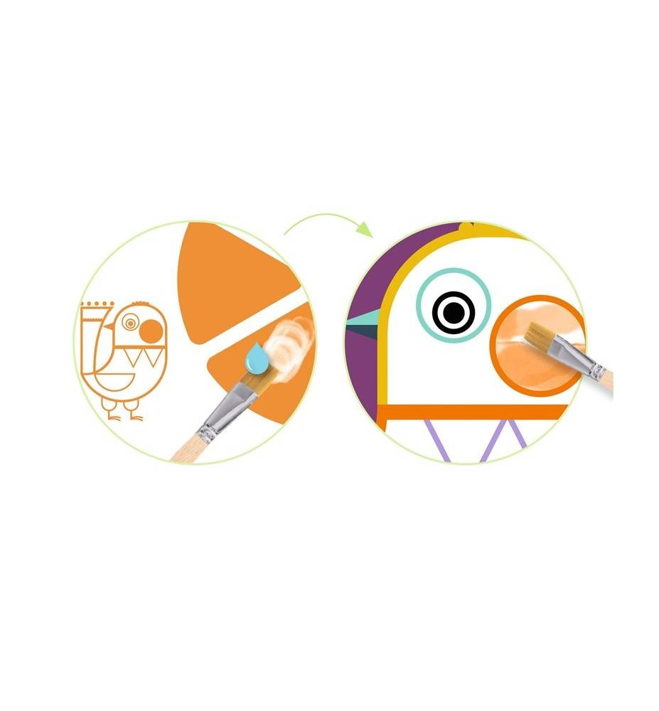 Ilustração de pássaro sendo pintado com pincel em várias cores