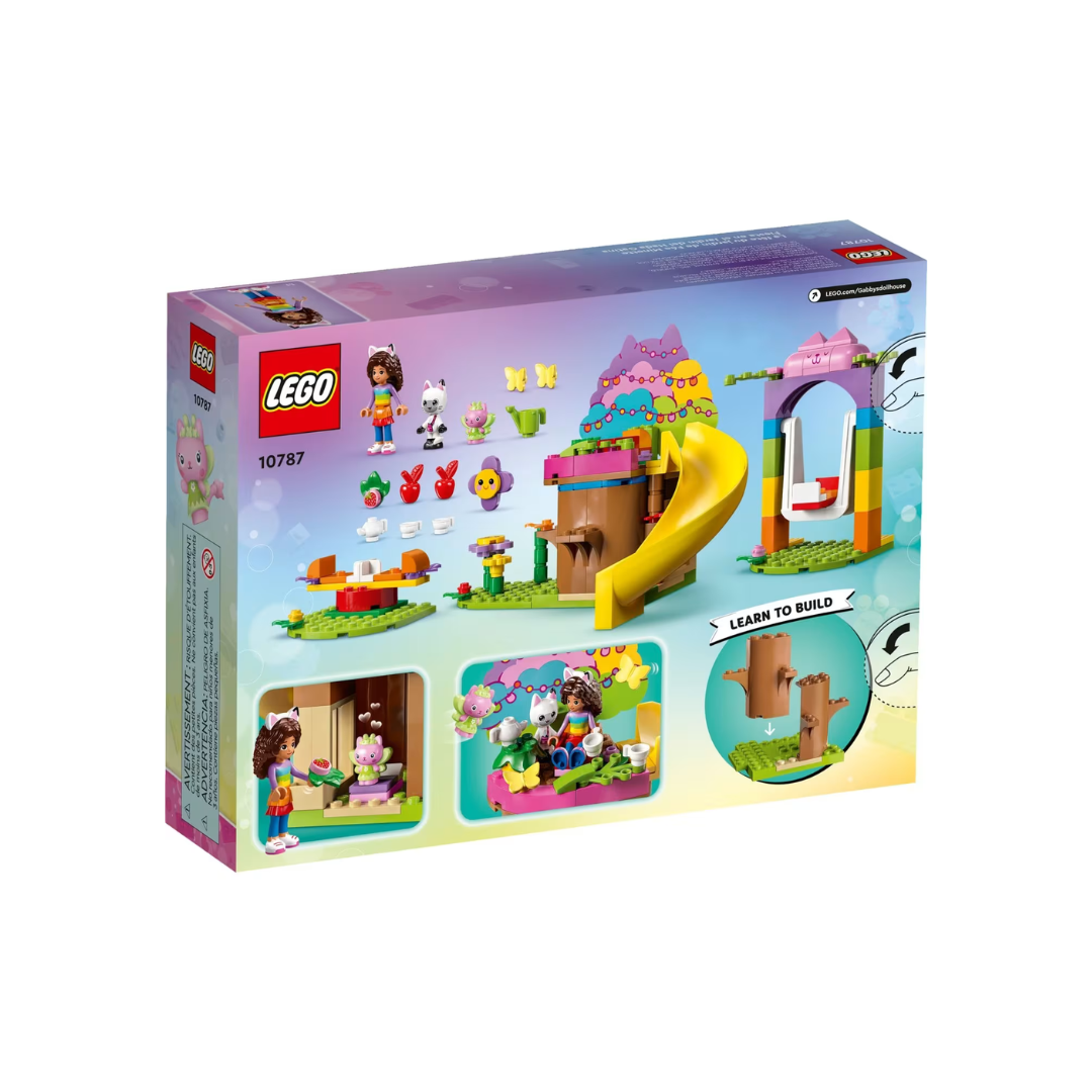 Caixa do jogo de construção LEGO 10787 com figuras, acessórios, escorrega e baloiço colorido.