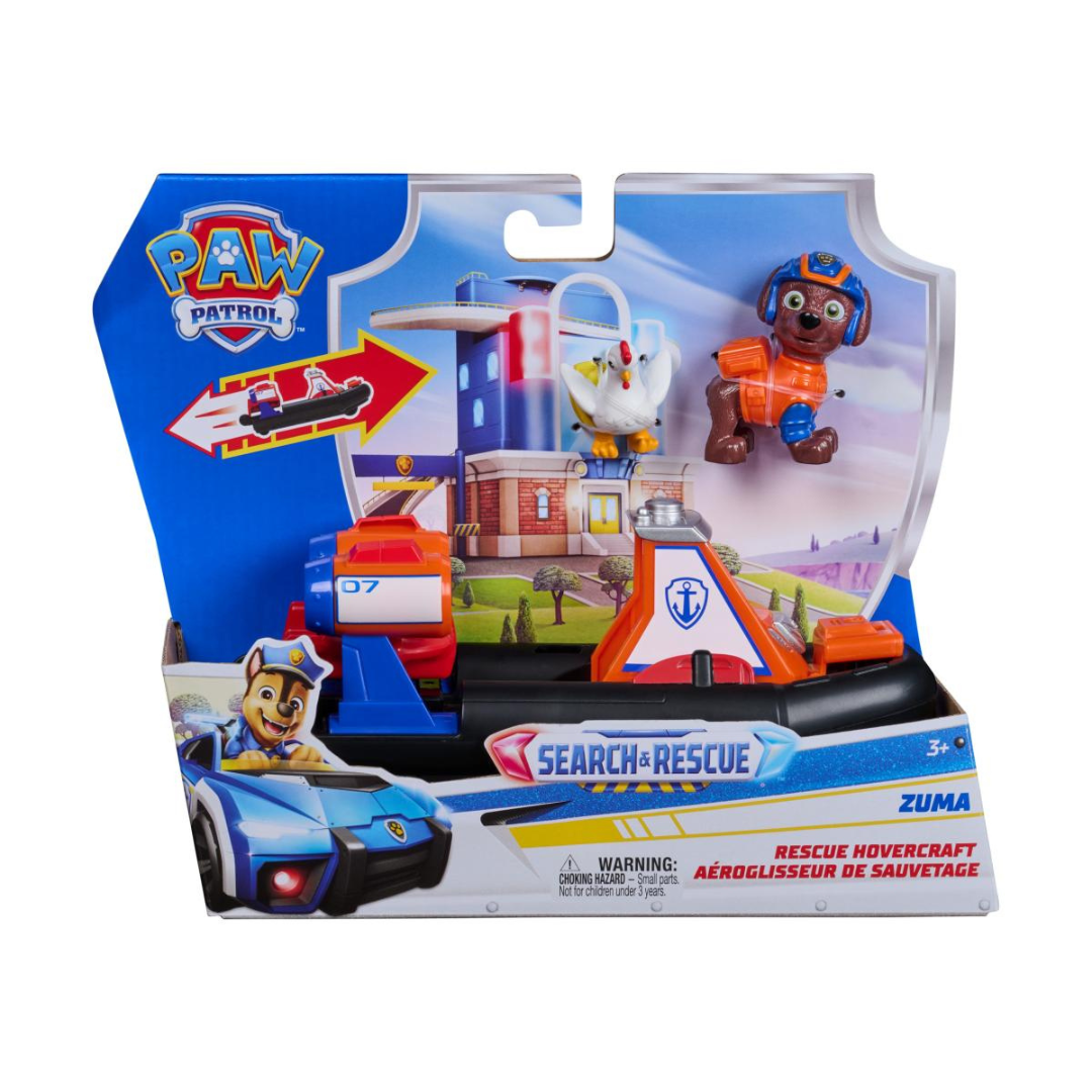 Brinquedo Paw Patrol Search & Rescue com figura de Zuma e hovercraft em embalagem colorida