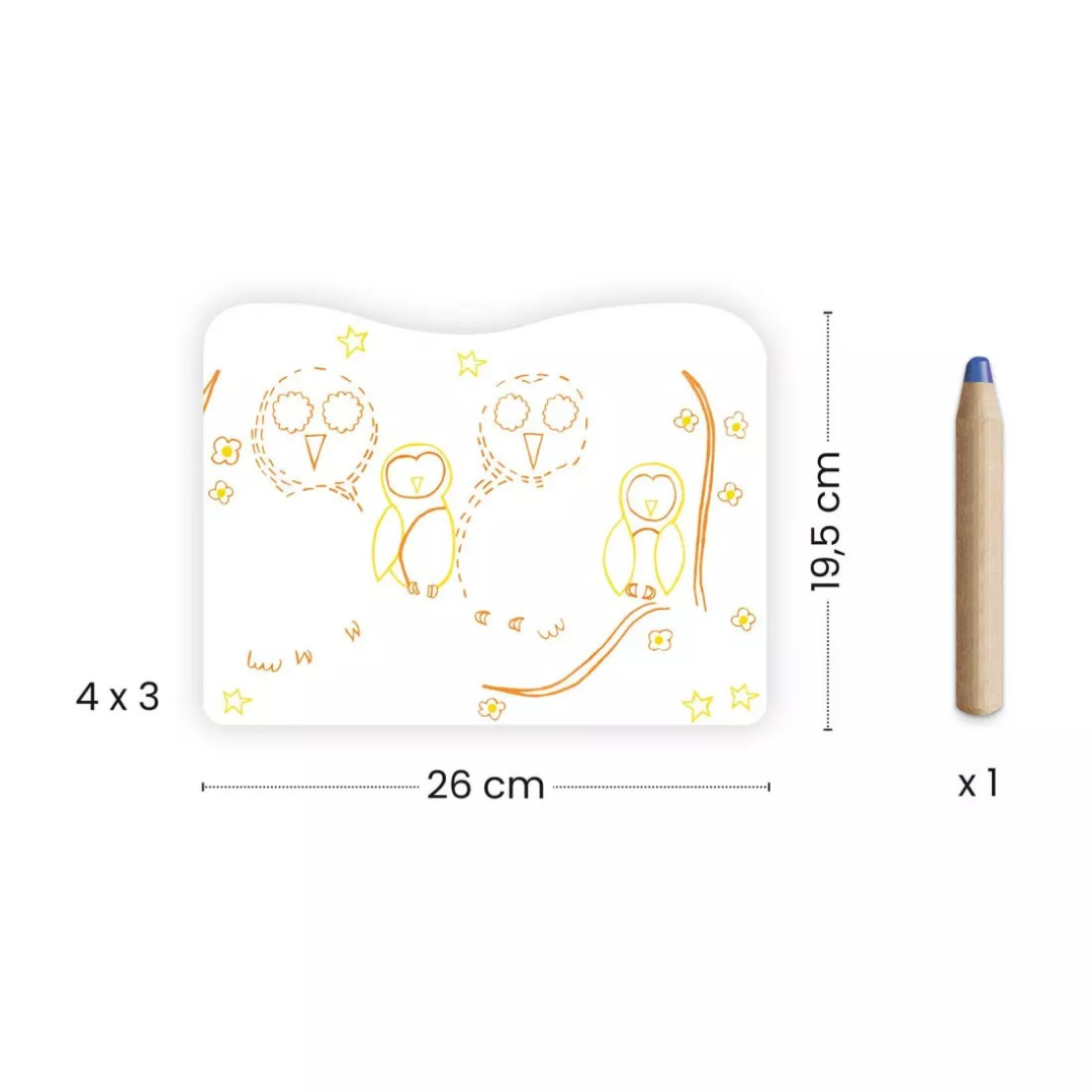 Livro para colorir com ilustrações de corujas a amarelo e lápis de cera azul