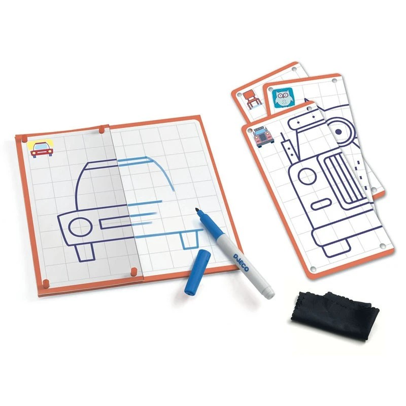 Jogo educativo de quadros para desenhar carros com caneta azul e borracha preta