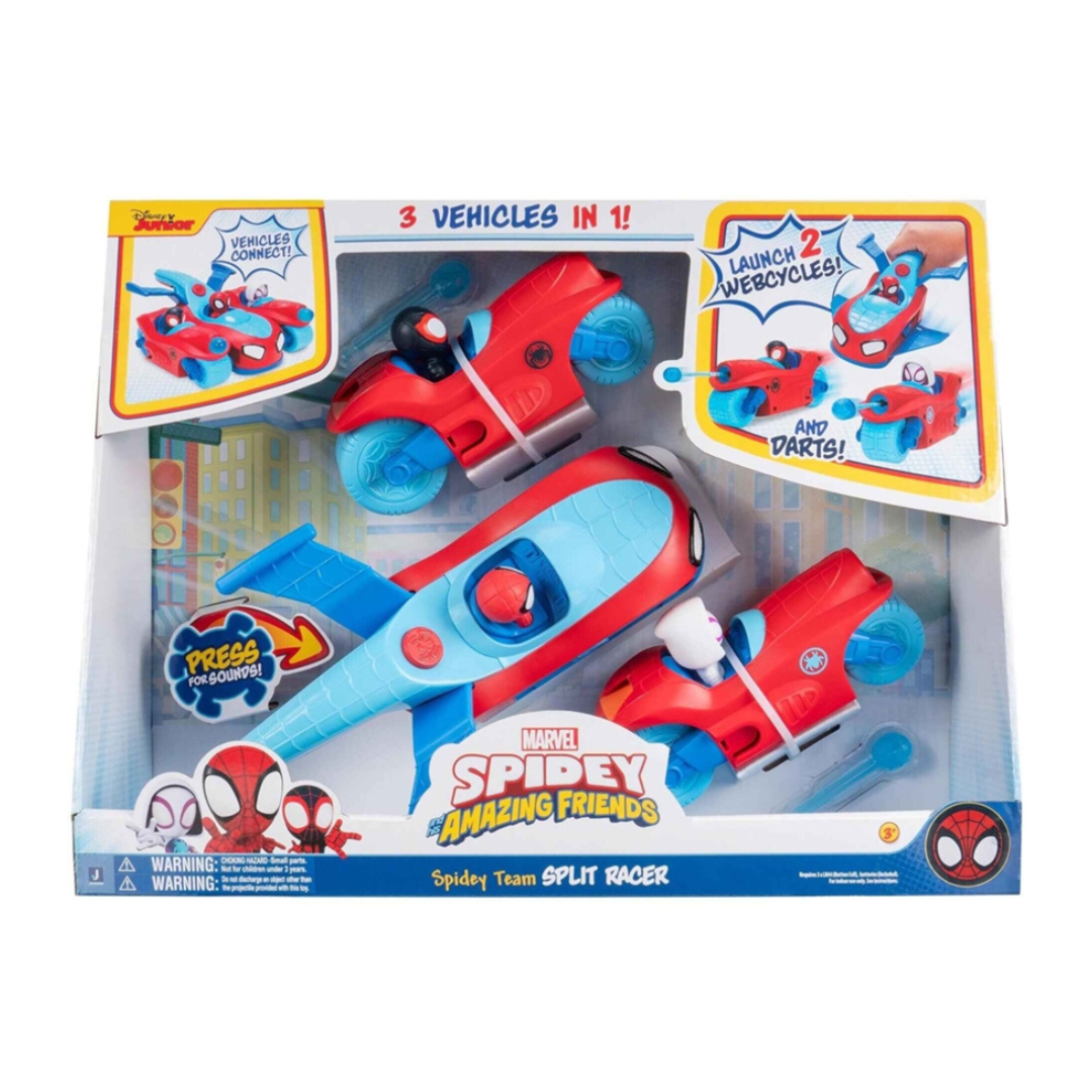 Brinquedo Marvel Spidey and his Amazing Friends com 3 veículos vermelhos e azuis e figuras em embalagem