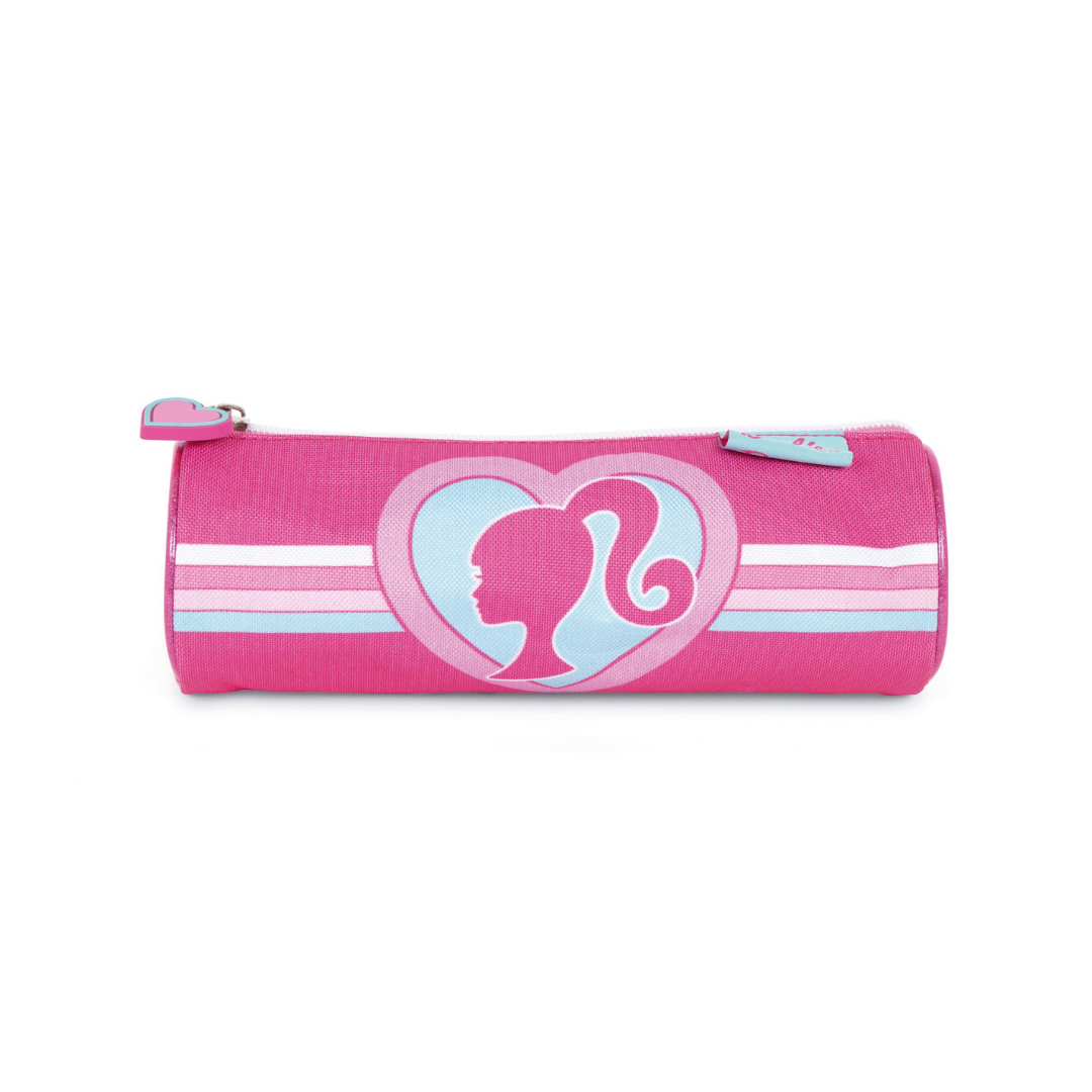 Estojo escolar rosa com coração e perfil de rapariga