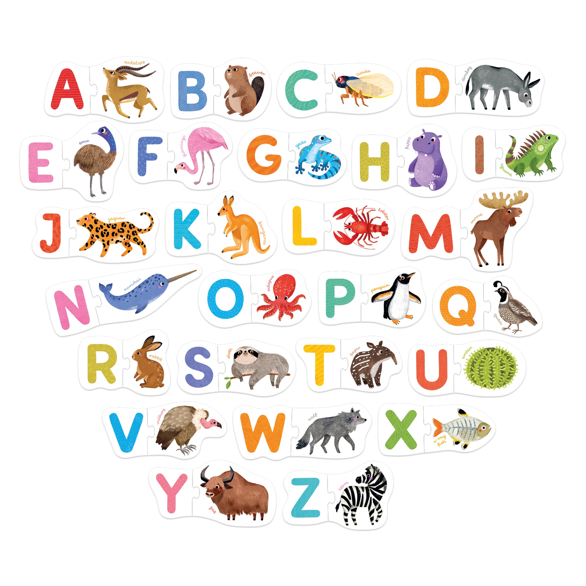 Peças de puzzle com letras e animais coloridos em fundo branco.