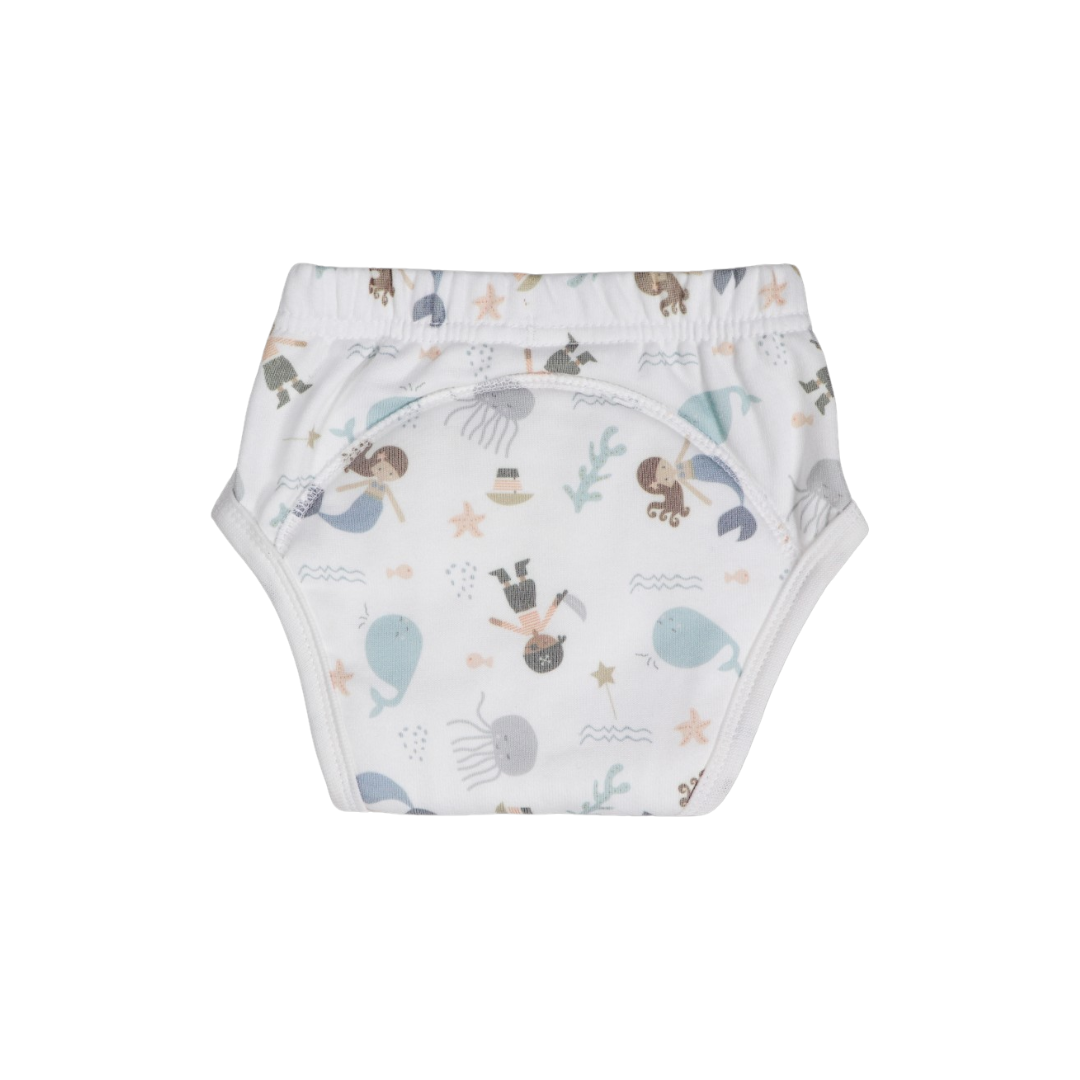 Roupa interior infantil branca com estampados marinhos coloridos