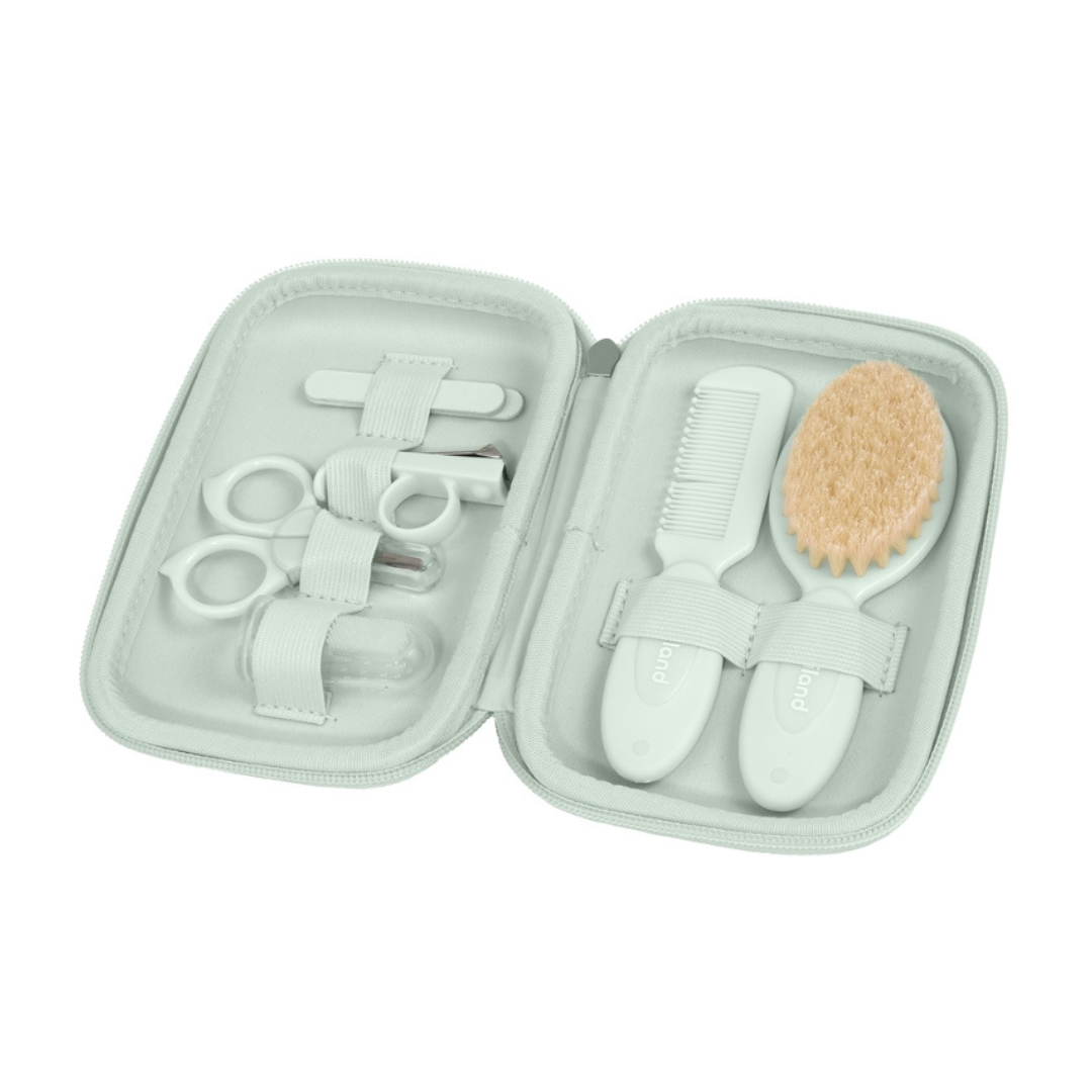 Conjunto higiene bebé estojo branco com escova, pente, tesoura, corta-unhas, lixa e termómetro