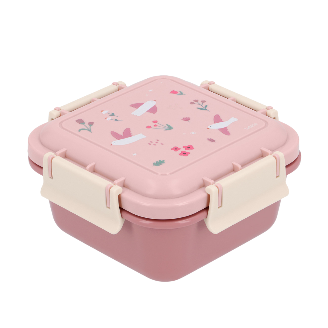Caixa de plástico quadrada rosa com tampa decorada com pássaros e flores