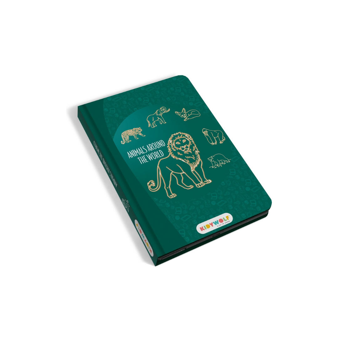 Livro de capa dura verde com ilustrações douradas de animais e texto