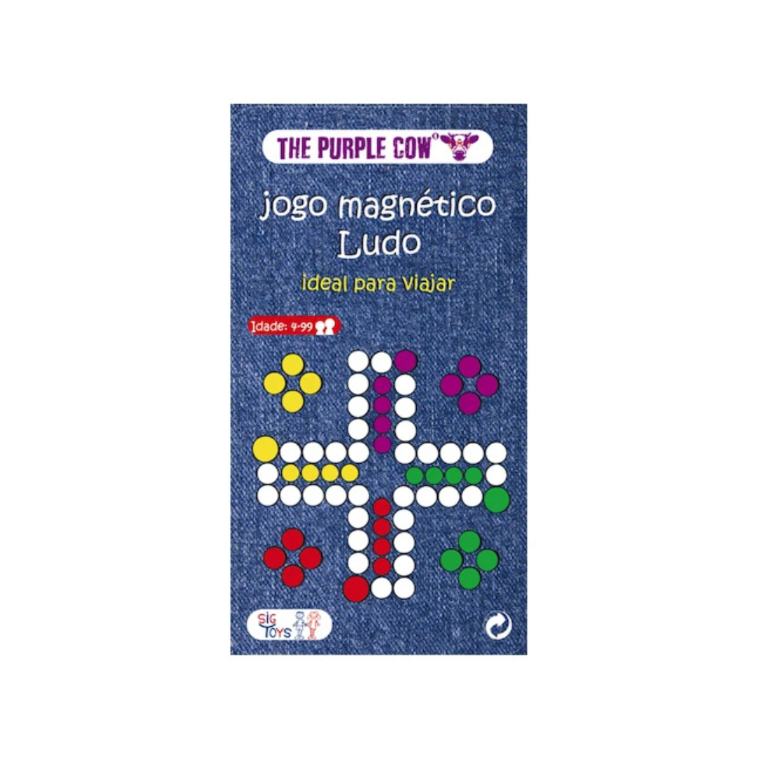 Caixa de jogo magnético Ludo com peças coloridas e fundo azul jeans