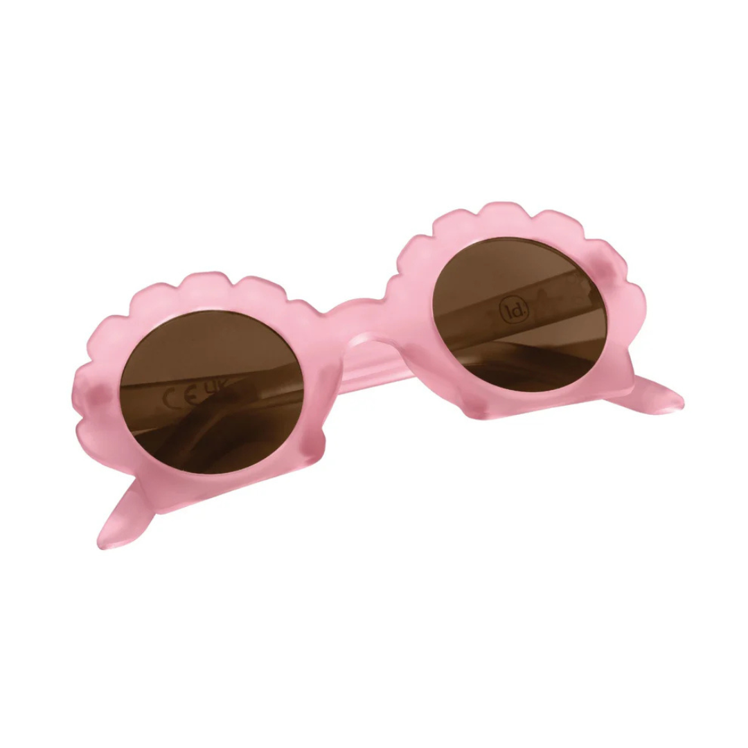 Óculos de sol com armação rosa em forma de flor e lentes castanhas