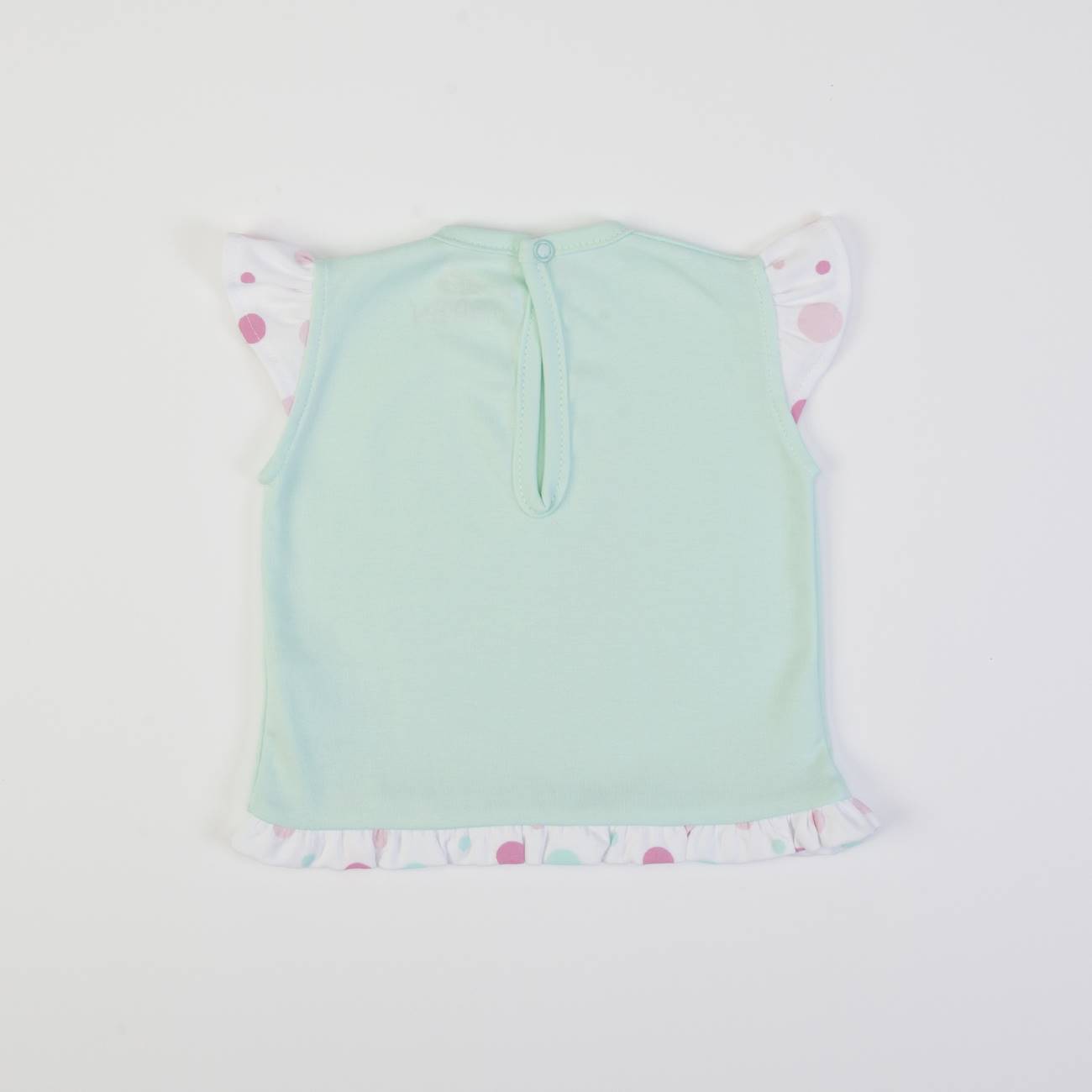 Camisola de bebé verde água com mangas curtas e folhos com padrão de bolinhas