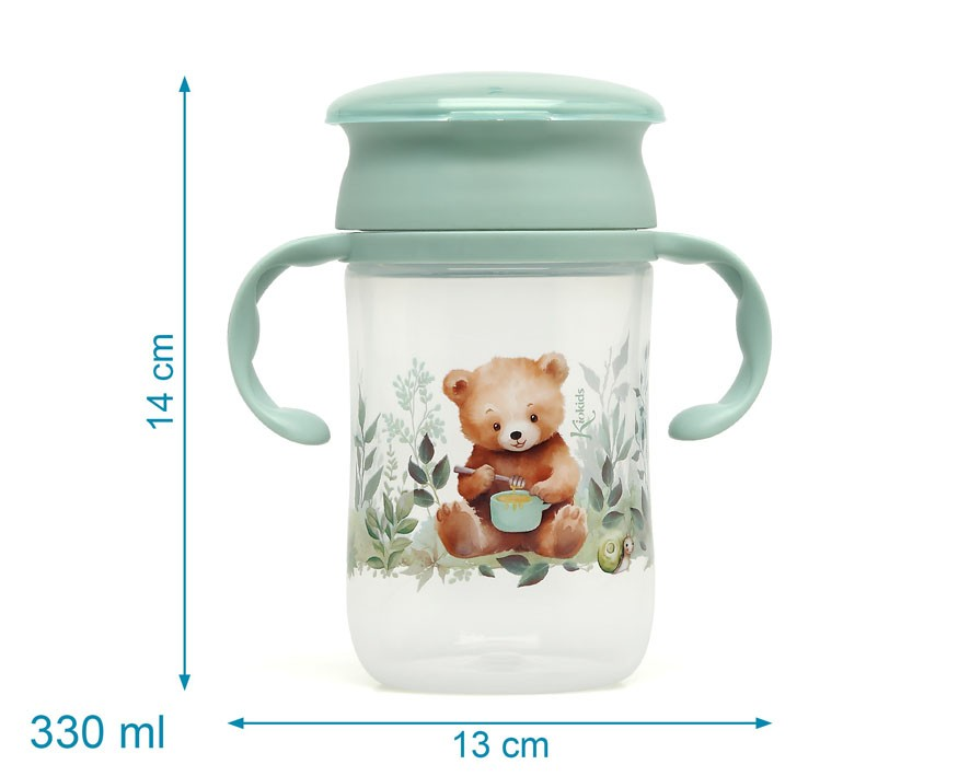 Copo infantil transparente com tampa e pegas verdes e ilustração de urso
