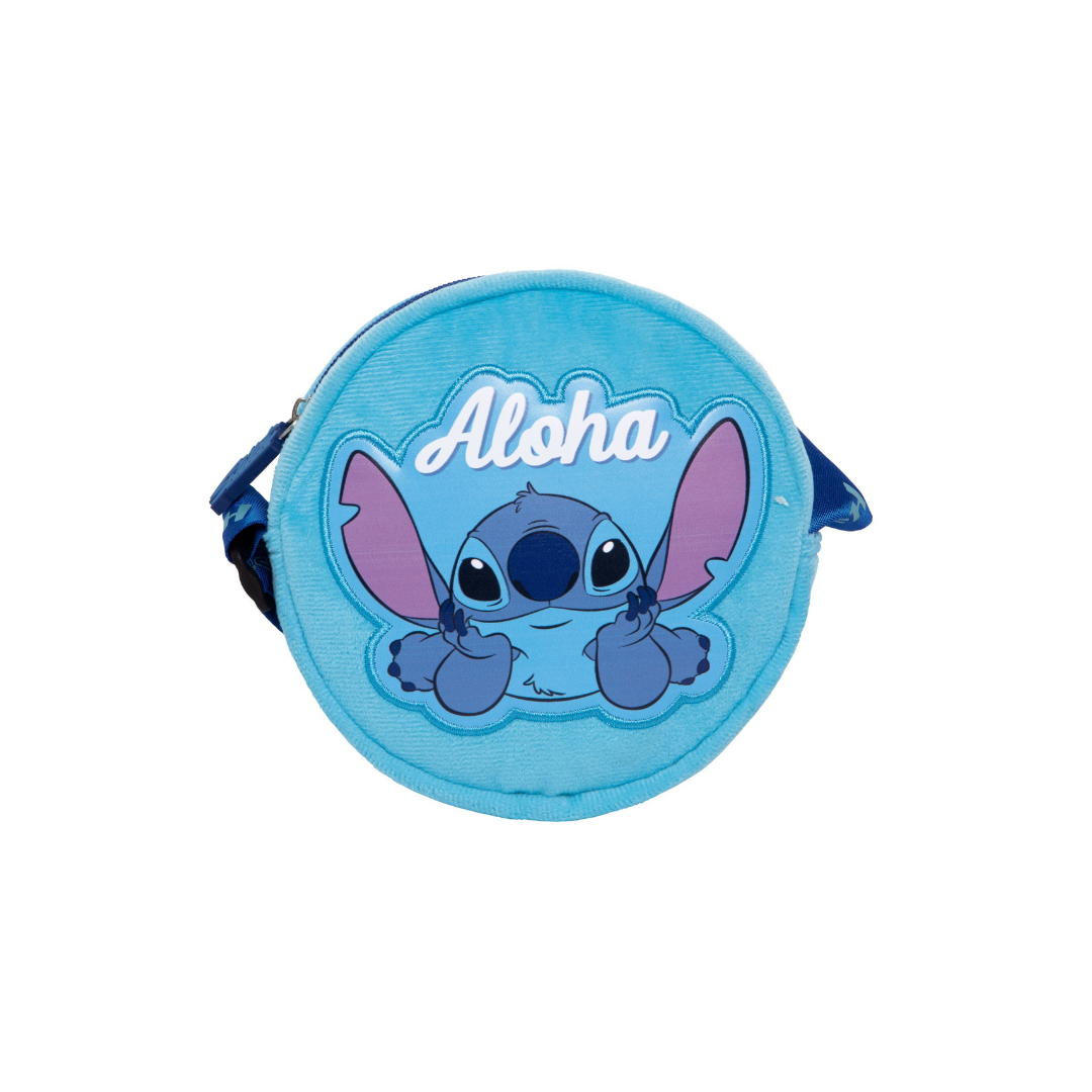 Mala redonda azul clara com imagem de Stitch e texto Aloha