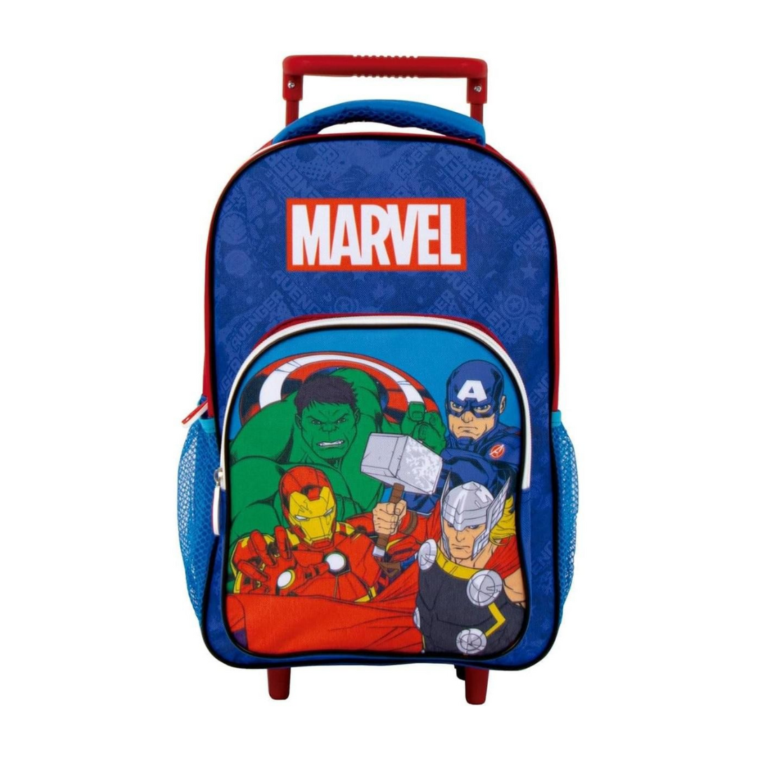 Mochila azul com personagens MARVEL e texto MARVEL vermelho.