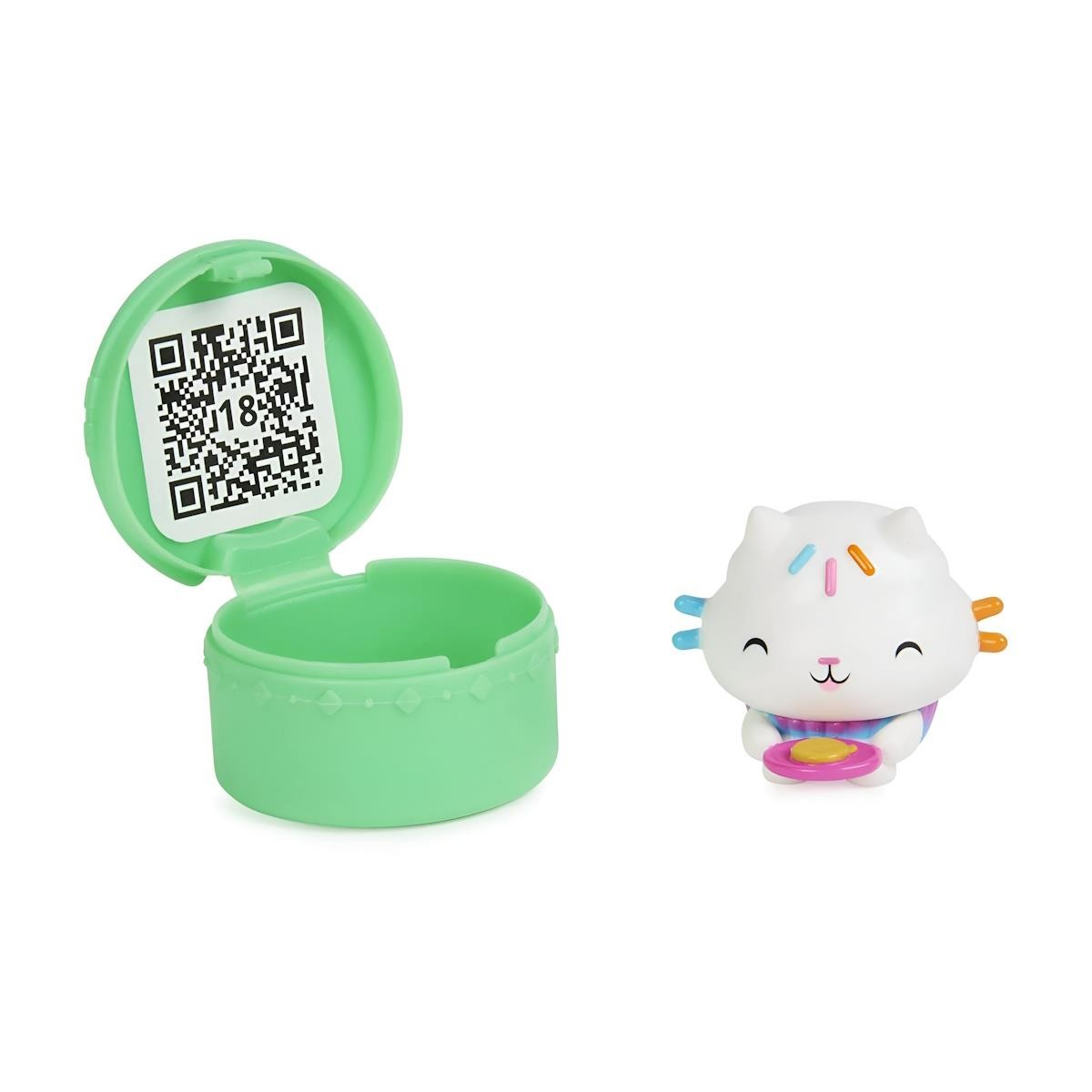 Figurinha de gato branca com caixa verde e código QR