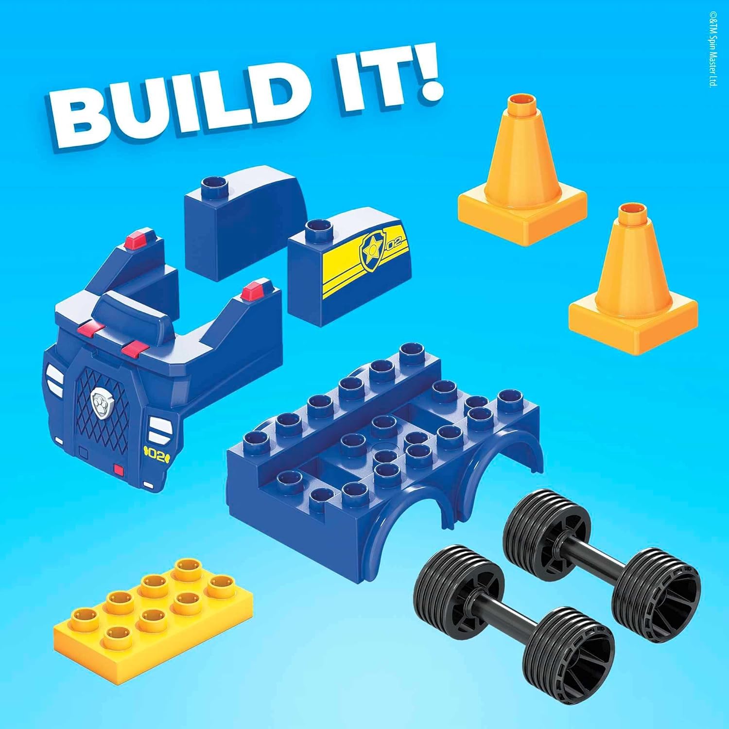 Peças de construção de brinquedo em fundo azul com texto BUILD IT!