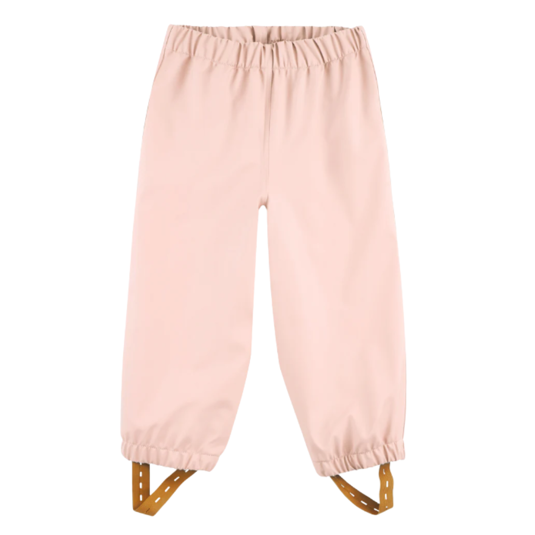 Calças cor-de-rosa com tiras castanhas e elásticas.