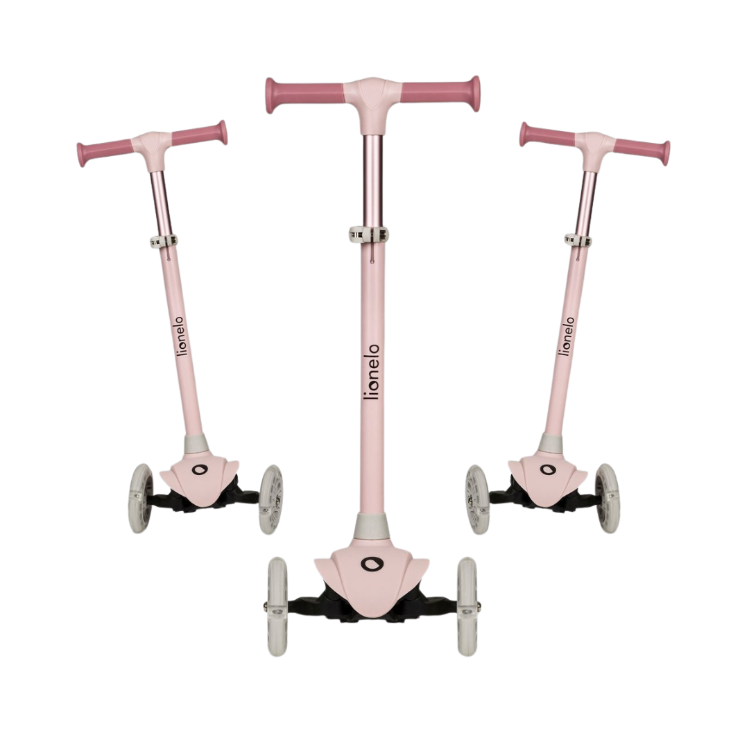 Triciclo rosa claro de equilíbrio para crianças com rodas transparentes e marca lionelo