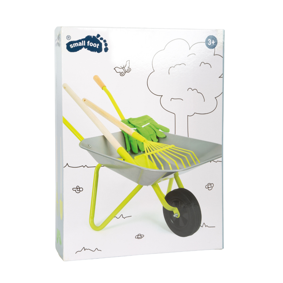 Brinquedo carrinho de mão com ancinho e luvas para crianças