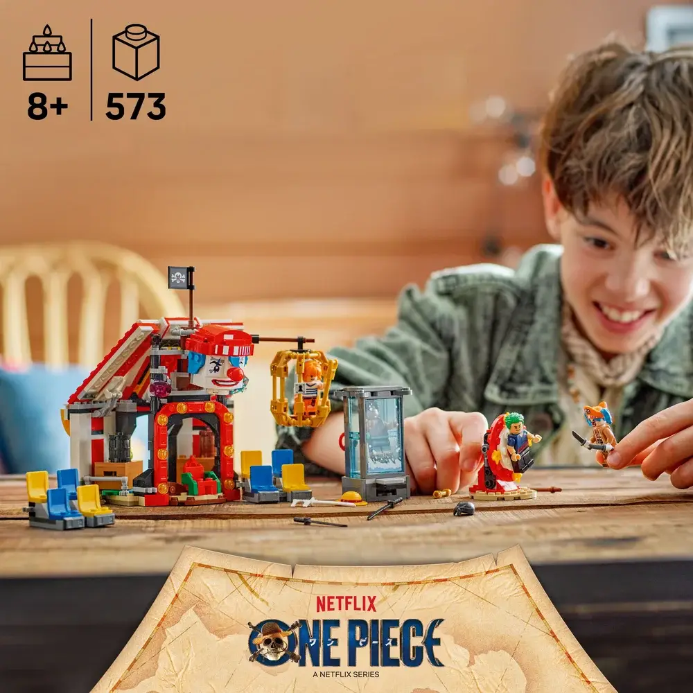 Brinquedo de construção One Piece em plástico colorido com miniaturas e cenário, indicado para maiores de 8 anos.