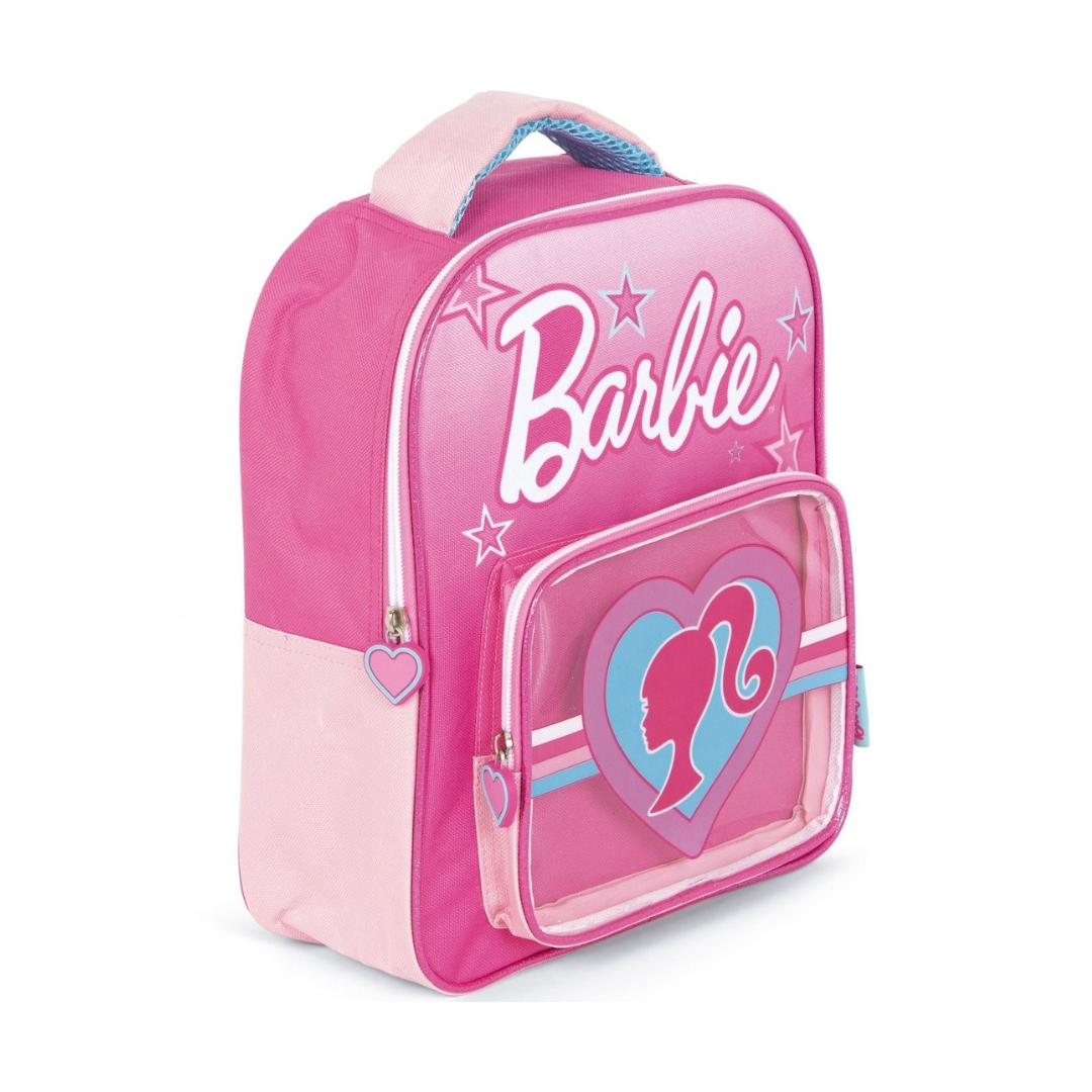 Mochila rosa Barbie com bolso transparente decorado e zíperes com puxadores em forma de coração