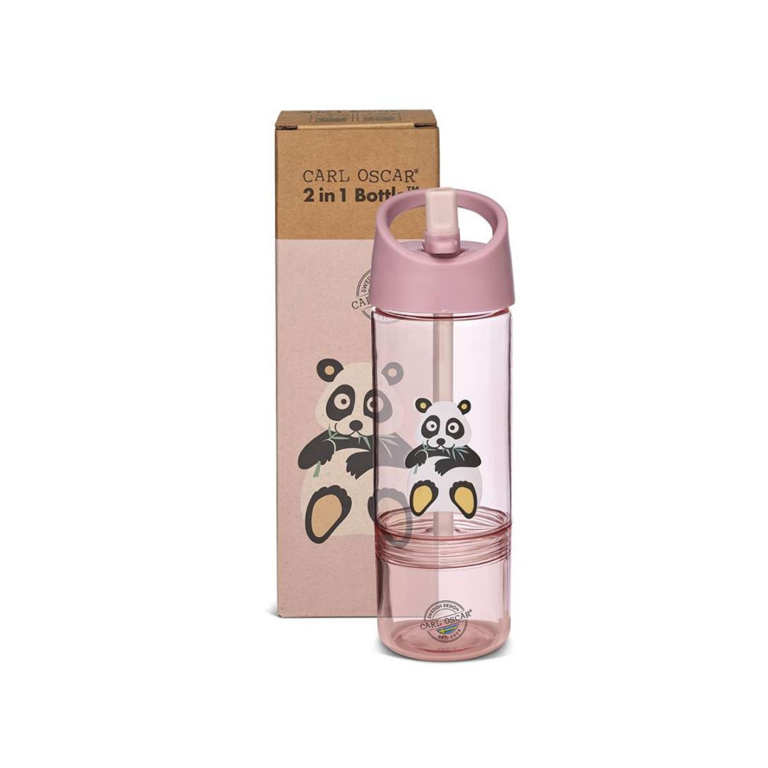 Garrafa desportiva rosa com panda e embalagem de cartão