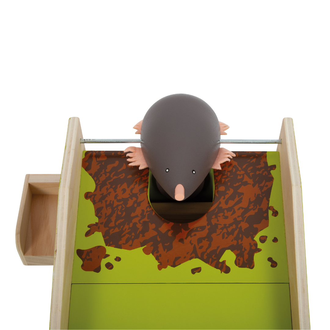 Jogo de mola de madeira com coruja cinzenta a sair do buraco