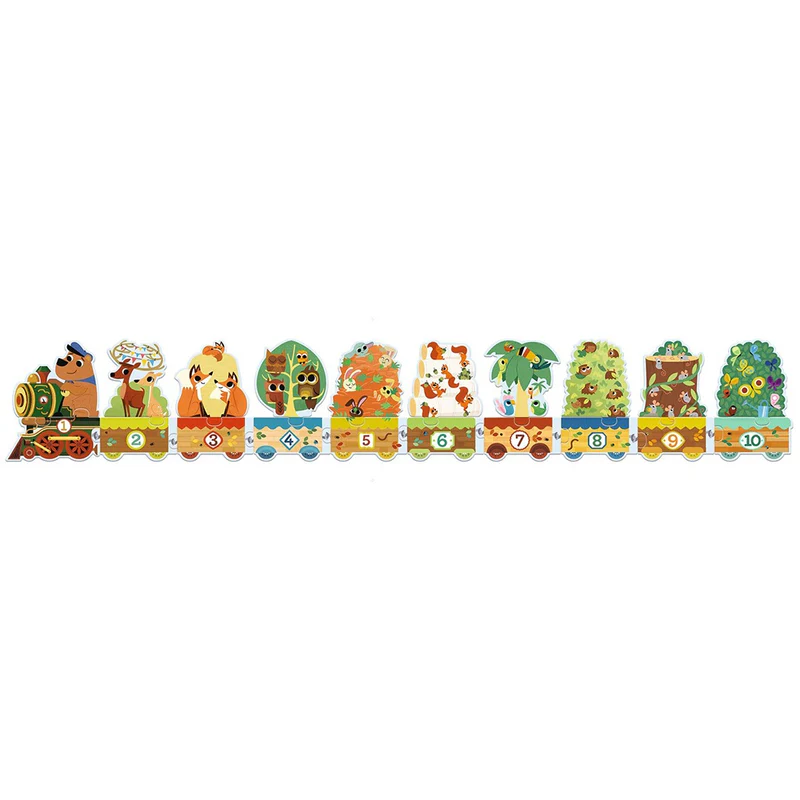Comboio de brinquedo em madeira com carruagens numeradas e decoradas com animais.