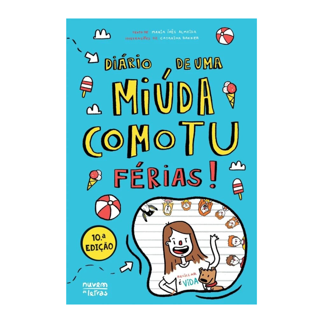 Capa de livro azul com título e ilustrações de verão e uma miúda num barco com cão