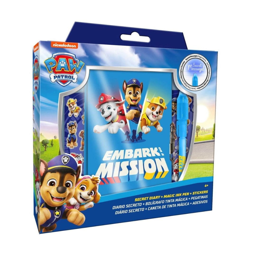 Caixa azul do Paw Patrol com diário, caneta mágica azul e autocolantes