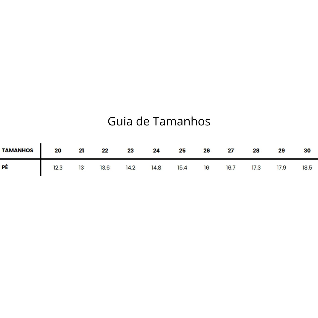 Guia de tamanhos com medidas para tamanhos de calçado de 20 a 30
