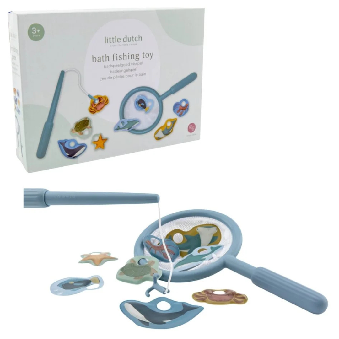 conjunto de brinquedo de pesca para banho com cana, rede azul e peixes coloridos em cartão