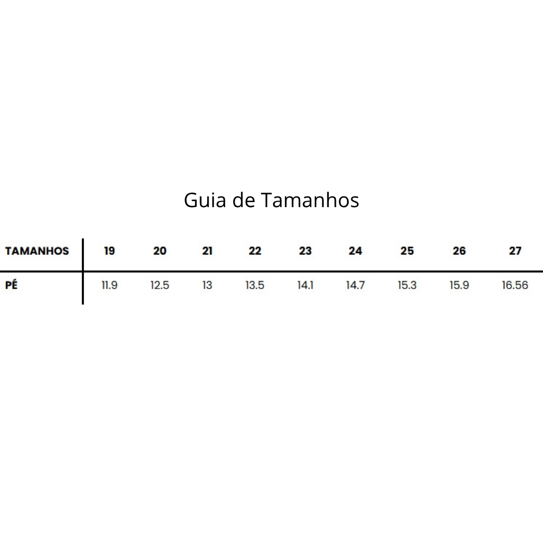 Tabela de guia de tamanhos de 19 a 27 com medidas em centímetros para pé.