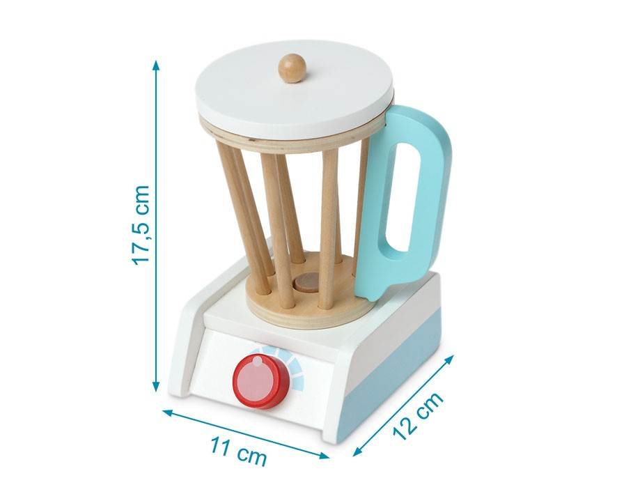 Liquidificador de brinquedo de madeira branco com base cinza, botão vermelho e jarra natural com pega azul