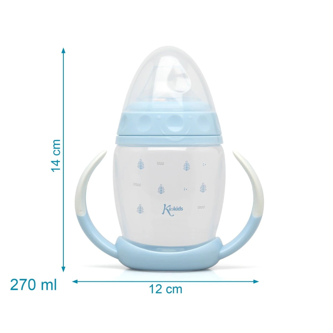 Biberão para bebé azul e branco com tampa transparente e dimensão destacada