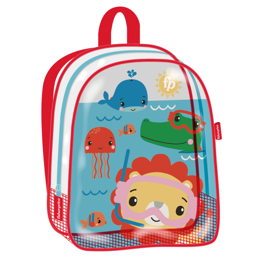 Mochila infantil colorida com animais marinhos e etiqueta fisher-price