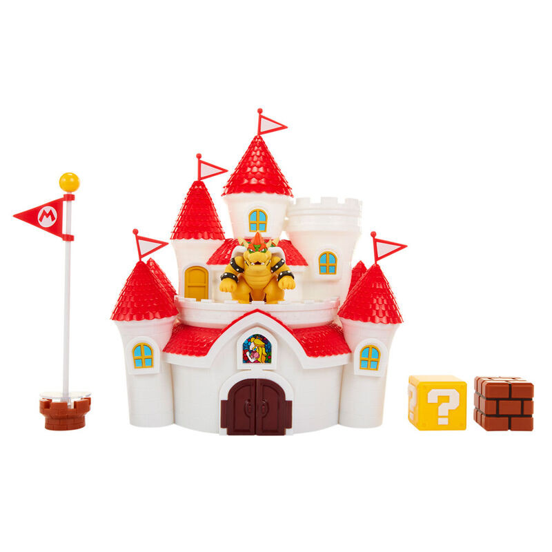 Brinquedo castelo branco e vermelho com personagem e elementos do Super Mario