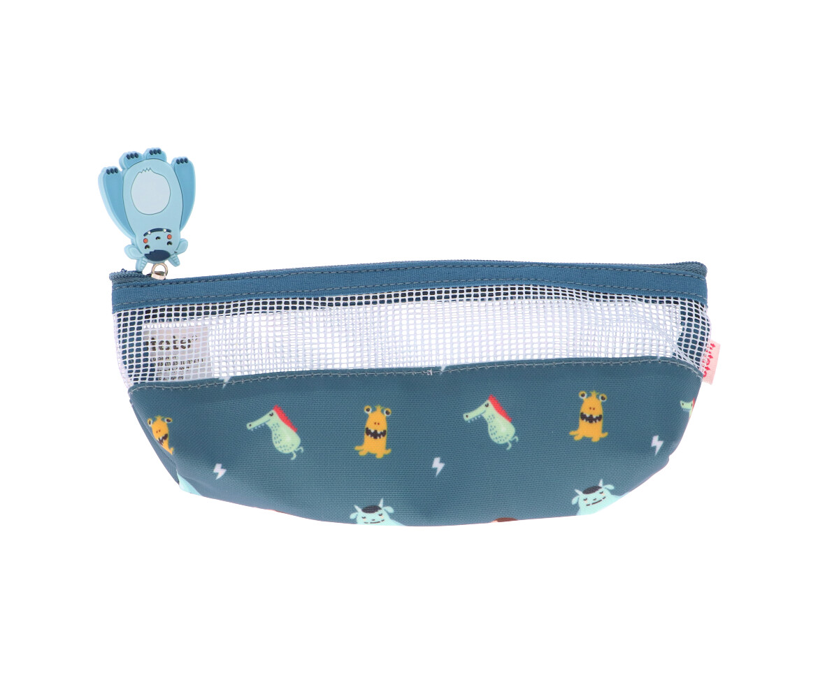 Estojo tecido azul com monstros coloridos e parte superior em rede branca