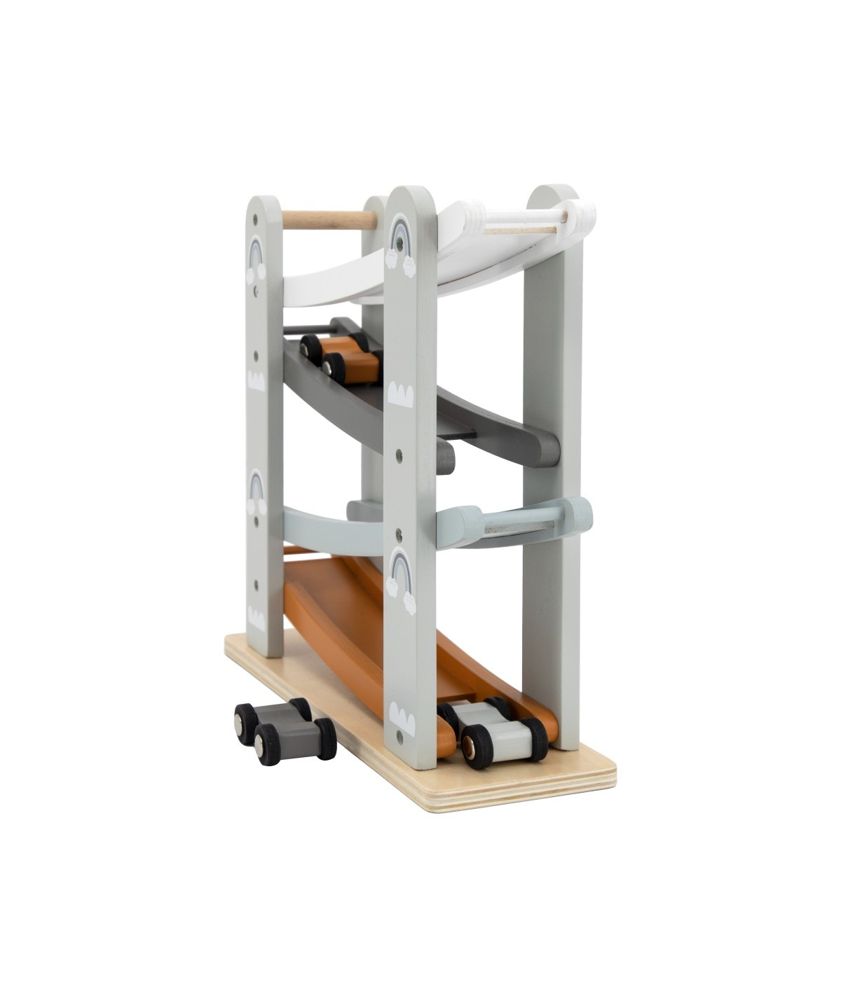 Brinquedo de madeira com pistas coloridas e carrinhos