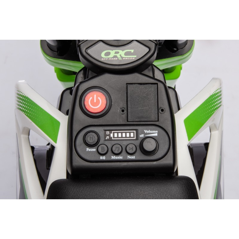 Painel de controlo de brinquedo motorizado preto, branco e verde com texto ORC OFF ROAD RACER