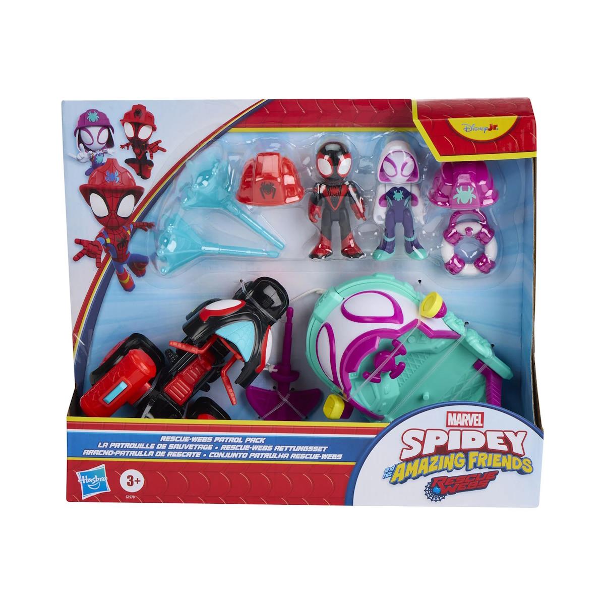 Pack de figuras Marvel Spidey and his Amazing Friends com acessórios e veículos coloridos na embalagem.