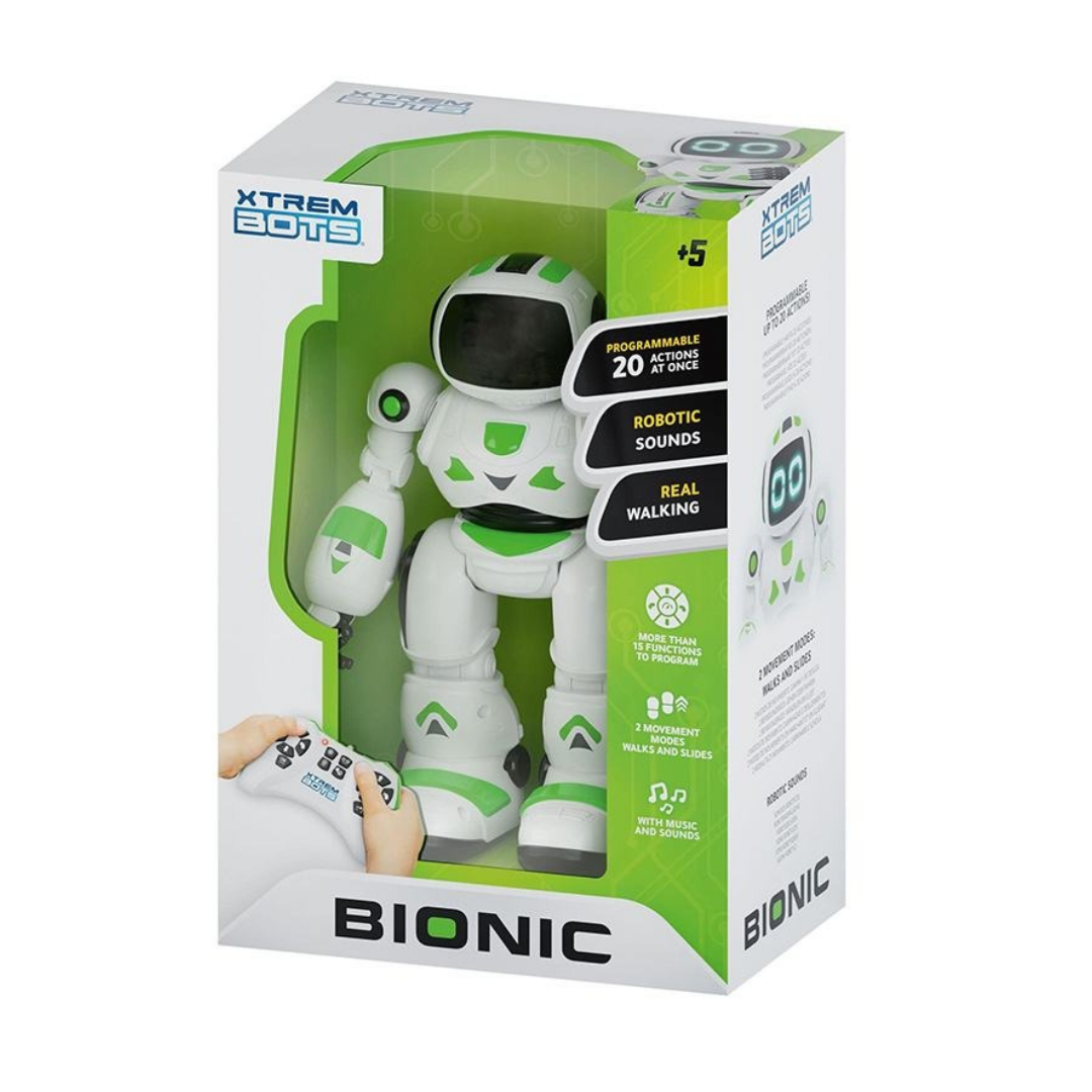 Embalagem com robô BIONIC branco e verde com controlo remoto e texto promocional.