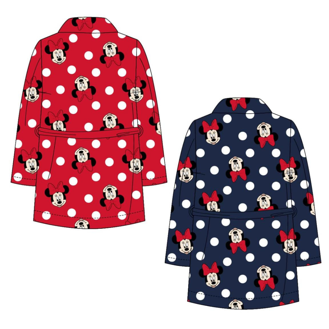 Robes infantis vermelho e azul escuro com padrão de bolas brancas e cabeças da Minnie Mouse com laço vermelho