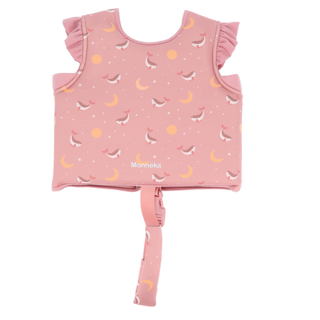 colete flutuador infantil rosa com estampa de golfinhos e luas